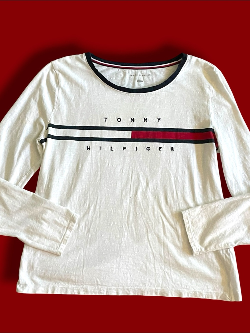 Tommy Hilfiger Flag Logo Long Sleeve Tee White Size Medium